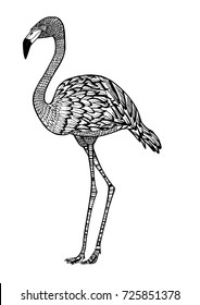 Black-white stylized flamingo isolated in white background