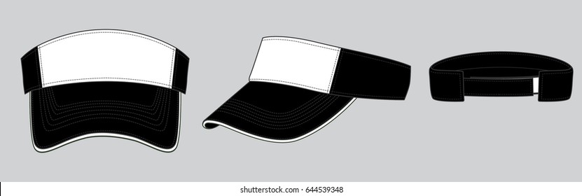 Black-White Sun Visor Cap With White Sandwich and Adjustable Hook-Loop Tape Back Strap Design on Gray Background, Vector File.