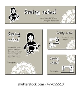Black-white vector cards template for sewing school, tailor shop, sewing machines. Flat icon sewing girl seamstress. Set of template for business card, banner, poster, magazine, presentation, logo.