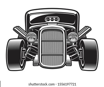 Black-white vector illustration of a vintage hot rod. The illustration has a white background, you can change the color, use it as a design element.