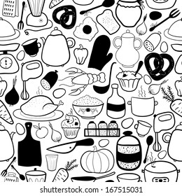 Black-white vector kitchen seamless pattern, food and cutlery