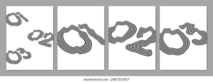 Black-white wavy lines figure posters: 01, 02, 03 numbers. Simple math theme artwork with curved linear patterns for office, school, home decor. Minimalist modern design wallpaper in brutalism style.