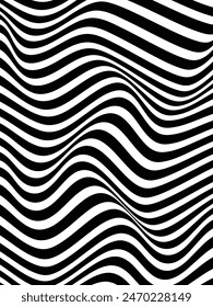 Black-white wavy lines nirmana, op art, optical illusion. Psychedelic abstract background pattern. Modern minimalist design texture.