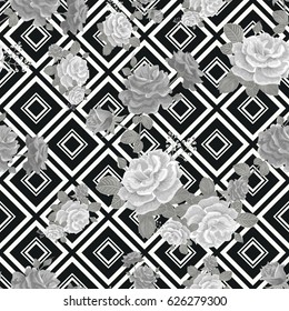 Black-white-gray Seamless pattern with roses and leaves on a dark striped background.Geometric and floral ornament.Vector illustration.Print for book covers,textile,fabric,wrapping paper,scrapbooking.