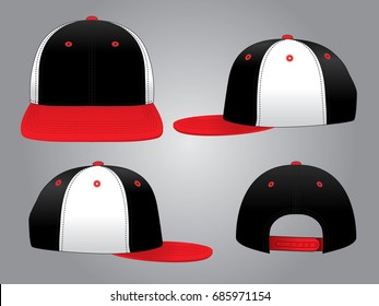 Black-White-Red Hip Hop Cap with Hook-Loop Strap Back Closure Design on Gray Background