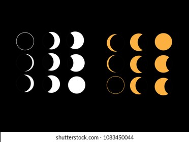 black,white,yellow Moon phases astronomy icon set Vector Illustration on the black background.