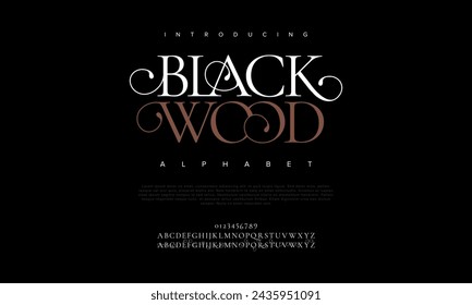 Blackwood premium luxury elegant alphabet letters and numbers. Elegant wedding typography classic serif font decorative vintage retro. Creative vector illustration