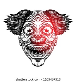 Blackwork adult flesh tattoo concept of devil clown head inspired by nightmare and satanic influence. Scary clown face with smile. Possessed by demon smiling mascot. Vector.