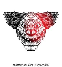 Blackwork adult flesh tattoo concept of devil clown head inspired by nightmare and satanic influence. Scary clown face with smile. Possessed by demon smiling mascot. Vector.