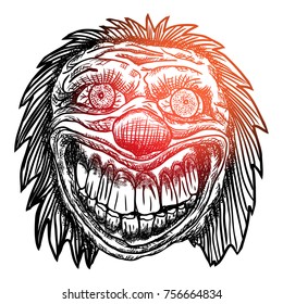 Blackwork adult flesh tattoo concept of devil clown head inspired by nightmare and satanic influence. Scary clown face with smile. Possessed by demon smiling mascot. Vector.