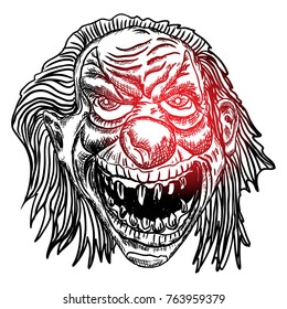 Blackwork adult flesh tattoo concept of devil clown head inspired by nightmare and satanic influence. Scary clown face with smile. Possessed by demon smiling mascot. Vector.