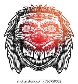 Blackwork adult flesh tattoo concept of devil clown head inspired by nightmare and satanic influence. Scary clown face with smile. Possessed by demon smiling mascot. Vector.