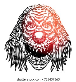 Blackwork adult flesh tattoo concept of devil clown head inspired by nightmare and satanic influence. Scary clown face with smile. Possessed by demon smiling mascot. Vector.