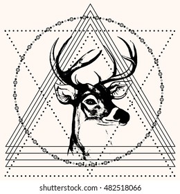 Blackwork deer and triangular pyramid.silhouette deer head.Vector.Trendy Boho hipster mystic symbol. New school dotwork. Sacred Geometry line art minimalist style tattoo.T-shirt print design
