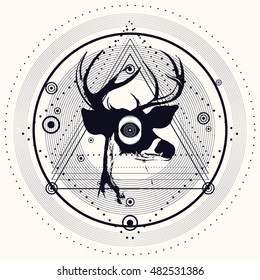 Blackwork deer and triangular pyramid.silhouette deer head.Vector.Trendy Boho hipster mystic symbol. New school dotwork. Sacred Geometry line art minimalist style tattoo.T-shirt print design