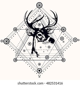 Blackwork deer and triangular pyramid.silhouette deer head.Vector.Trendy Boho hipster mystic symbol. New school dotwork. Sacred Geometry line art minimalist style tattoo.T-shirt print design