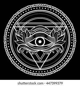 Blackwork dotwork tattoo. Eye of Providence. Masonic symbol. All seeing eye and deer horns inside triangle pyramid.Sacred geometry, religion, spirituality, occultism. Isolated vector illustration.