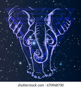 Blackwork elephant on indigo space background.Vector.Trendy Boho hipster mystic symbol.Sacred Geometry line art minimalist style tattoo.T-shirt print design