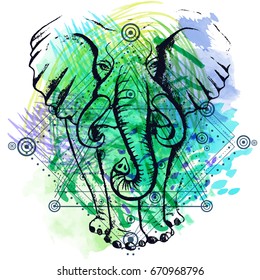 Blackwork elephant on watercolor handcrafted background.Vector.Trendy Boho hipster mystic symbol.Sacred Geometry line art minimalist style tattoo.T-shirt print design