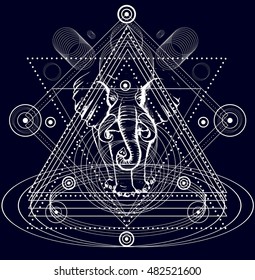 Blackwork elephant in pyramid.Silhouette elephant on black background.Vector.Trendy Boho hipster mystic symbol.New school dotwork. Sacred Geometry line art minimalist style tattoo.T-shirt print design