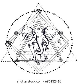 Blackwork elephant and triangular pyramid.silhouette elephant.Vector.Trendy Boho hipster mystic symbol. New school dotwork. Sacred Geometry line art minimalist style tattoo.T-shirt print design