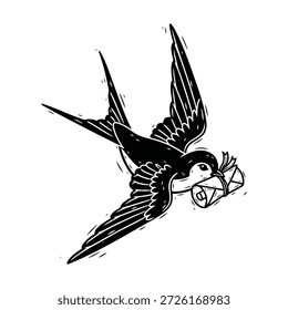 Ilustração Blackwork de pássaro em voo entregando importante mensagem rolada selada com fio. Arte antiga.