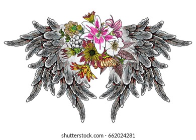 Blackwork tattoo elements isolated on white background. Tattoo flash baby t shirt sticker style. Wings and blooming lily drawing in feminine style. Angel or bird wings flowers. Vector.