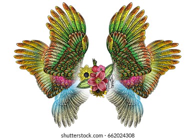 Blackwork tattoo elements isolated on white background. Tattoo flash baby t shirt sticker style. Wings and blooming lily drawing in feminine style. Angel or bird wings flowers. Vector.
