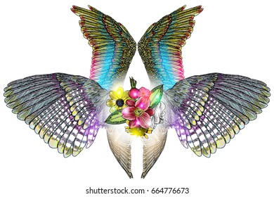Blackwork tattoo elements isolated on white background.  Wings and blooming lily, roses drawing in feminine style. Angel or bird wings flowers. 