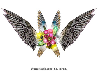 Blackwork tattoo elements isolated on white background. Tattoo flash baby t shirt sticker style. Wings and blooming lily, roses drawing in feminine style. Angel or bird wings flowers. Vector.