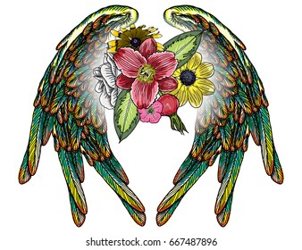 Blackwork tattoo elements isolated on white background. Tattoo flash baby t shirt sticker style. Wings and blooming lily, roses drawing in feminine style. Angel or bird wings flowers. Vector.