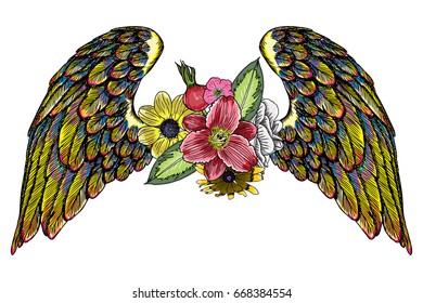 Blackwork tattoo elements isolated on white background. Tattoo flash baby t shirt sticker style. Wings and blooming lily, roses drawing in feminine style. Angel or bird wings flowers. Vector.