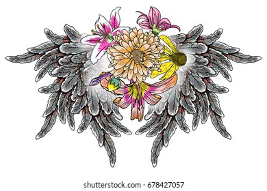 Blackwork tattoo elements isolated on white background. Tattoo flash baby t shirt sticker style. Wings and blooming lily, roses drawing in feminine style. Angel or bird wings flowers. Vector.