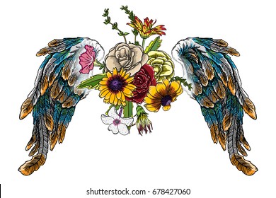 Blackwork tattoo elements isolated on white background. Tattoo flash baby t shirt sticker style. Wings and blooming lily, roses drawing in feminine style. Angel or bird wings flowers. Vector.