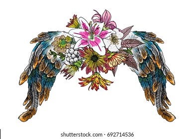 Blackwork tattoo elements isolated on white background. Tattoo flash baby t shirt sticker style. Wings and blooming lily, roses drawing in feminine style. Angel or bird wings flowers. Vector.