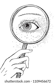 Blackwork tattoo. Eye and magnifying glass. Black and white Isolated vector illustration. - stock vector.