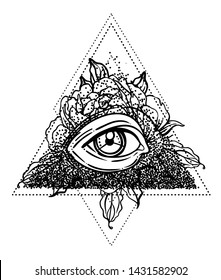 Blackwork tattoo flash. All seeing eye pyramid symbol with peony flower. Sacred geometry. Vector illustration isolated on white. Tattoo design, mystic symbol. New World Order. Eye of Providence.