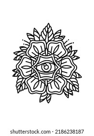 Blackwork tattoo flash. All seeing eye with flower. Sacred geometry. Vector illustration isolated on white. Tattoo design, mystic symbol. New World Order. Eye of Providence.