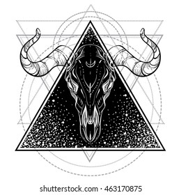 Blackwork tattoo flash. Bull Skull. Sacred geometry. Vector illustration isolated on white. Tattoo design, mystic symbol, dark romance, astrology