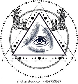 Schwarzarbeit Tattoo Blitz. Traumfänger mit drittem Auge, Federn und Hirschgeweih. Vektor. Tattoo-Design, mystisches Symbol. Neue Schularbeit. Boho Hipster Design. Druck, Poster, T-Shirts und Textilien.