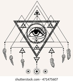 Blackwork tattoo flash. Dreamcatcher with third eye, feathers and triangular pyramid. Vector. Tattoo design, mystic symbol. New school dotwork. Boho hipster style. Navajo jewelry decorations.