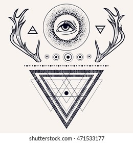 Blackwork tattoo flash. Dreamcatcher with third eye, feathers and deer antlers. Vector. Tattoo design, mystic symbol. Sacred geometry dotwork. Boho hipster design. Navajo jewelry decorations.