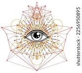 Blackwork tattoo flash. Eye of Providence. Masonic symbol. All seeing eye inside triangle pyramid. New World Order. Sacred geometry, religion, spirituality, occultism. Isolated vector illustration.