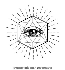 Blackwork tattoo flash. Eye of Providence. Masonic symbol. All seeing eye inside triangle pyramid. New World Order. Sacred geometry, religion, spirituality, occultism. Isolated vector illustration.