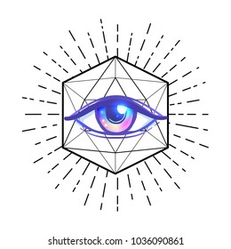 Blackwork tattoo flash. Eye of Providence. Masonic symbol. All seeing eye inside triangle pyramid. New World Order. Sacred geometry, religion, spirituality, occultism. Isolated vector illustration.