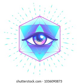 Blackwork tattoo flash. Eye of Providence. Masonic symbol. All seeing eye inside triangle pyramid. New World Order. Sacred geometry, religion, spirituality, occultism. Isolated vector illustration.