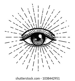 Blackwork Tattoo Flash. Eye Of Providence. Masonic Symbol. All Seeing Eye Inside Triangle Pyramid. New World Order. Sacred Geometry, Religion, Spirituality, Occultism. Isolated Vector Illustration.