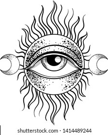 Blackwork tattoo flash. Eye of Providence. Masonic symbol. All seeing eye inside triangle pyramid. New World Order. Sacred geometry, religion, spirituality, occultism. Isolated vector illustration.
