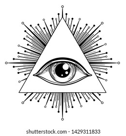 Blackwork tattoo flash. Eye of Providence. Masonic symbol. All seeing eye inside triangle pyramid. New World Order. Sacred geometry, religion, spirituality, occultism. Isolated vector illustration