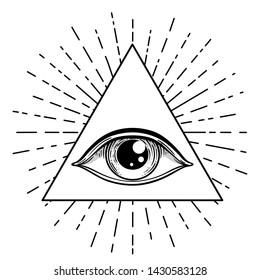 Blackwork tattoo flash. Eye of Providence. Masonic symbol. All seeing eye inside triangle pyramid. New World Order. Sacred geometry, religion, spirituality, occultism. Isolated vector illustration